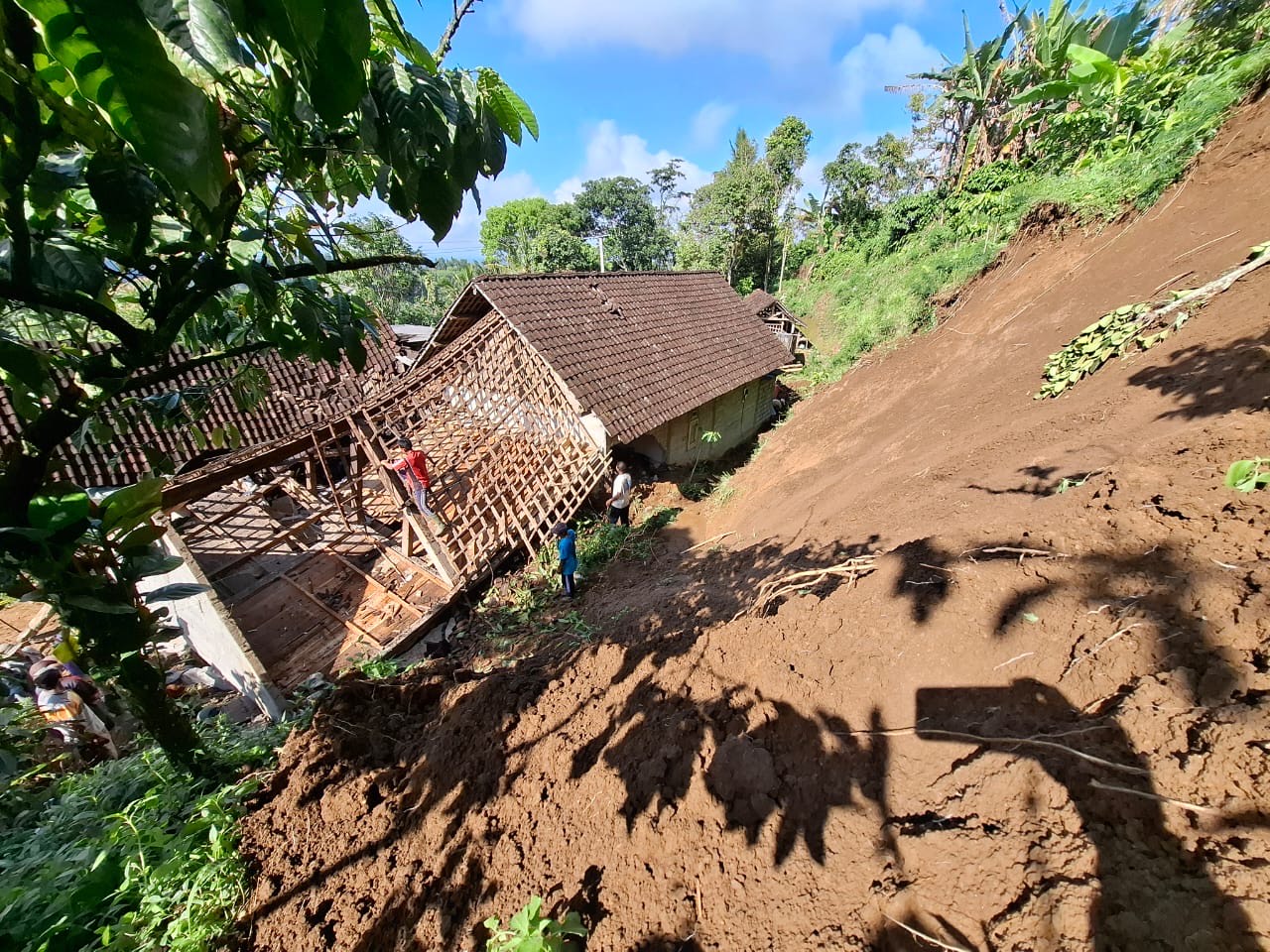Tebing longsor menimpa rumah Mukri, warga Dusun Sumbergondo, Tulungrejo, Kecamatan Gandusari Blitar dan memyebabkan satu keluarga tertimpa material rumah (Novianto/ tagarjatim.id)